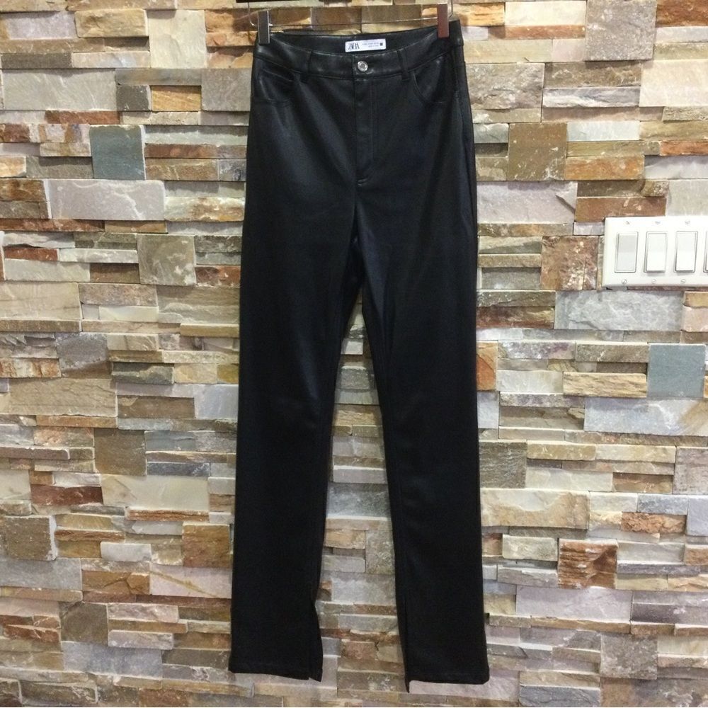 Zara Elegant Black Straight Leg Faux Leather pants size 4 Womens
